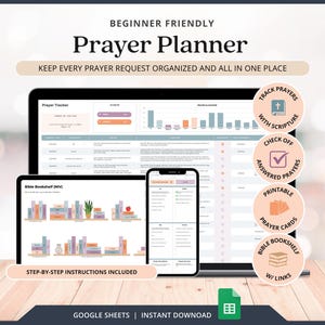 May include: A digital prayer planner displayed on a laptop, tablet, and smartphone. The screens show charts, lists, and a bookshelf graphic. Text includes "Prayer Planner," "Track Prayers," and "Google Sheets | Instant Download."