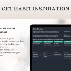 Puede incluir: Una pantalla digital muestra una 'Lista de h&aacute;bitos' con categor&iacute;as como 'Espiritual' y 'Financiero'. La imagen tambi&eacute;n presenta el texto 'Obt&eacute;n inspiraci&oacute;n de h&aacute;bitos' y 'C&oacute;mo asegurar el &eacute;xito:' con pasos numerados.