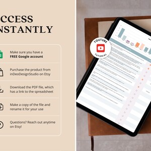 May include: A digital tablet displaying a spreadsheet with bar graphs and data, resting on a brown leather-bound notebook. The image includes text: "ACCESS INSTANTLY" and instructions for accessing the product. A YouTube tutorial logo is also visible.