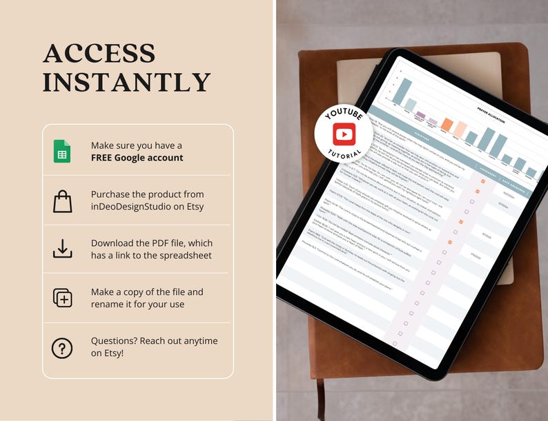 May include: A digital tablet displaying a spreadsheet with bar graphs and data, resting on a brown leather-bound notebook. The image includes text: "ACCESS INSTANTLY" and instructions for accessing the product. A YouTube tutorial logo is also visible.
