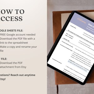May include: A digital tablet displaying a welcome screen for a monthly task calendar. The screen includes instructions on how to access the calendar, which is located on a Google Sheet. The text on the screen reads "Welcome Enjoy your Monthly Task Calendar".
