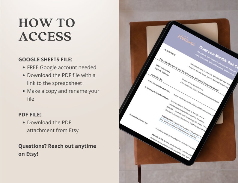 May include: A digital tablet displaying a welcome screen for a monthly task calendar. The screen includes instructions on how to access the calendar, which is located on a Google Sheet. The text on the screen reads "Welcome Enjoy your Monthly Task Calendar".