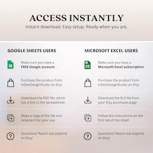 May include: A digital product guide with instructions for Google Sheets and Microsoft Excel users. The text reads "ACCESS INSTANTLY" and details steps for instant download and easy setup. Instructions include account setup, purchase, and file download.