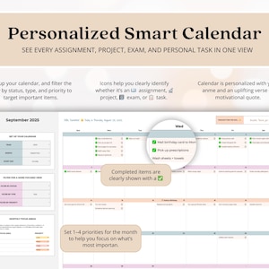 May include: A digital personalized smart calendar interface for September 2025. The layout includes a monthly grid, sidebar filters for status and priority, and callout boxes explaining features like task icons, completed items with checkmarks, and monthly focus areas.