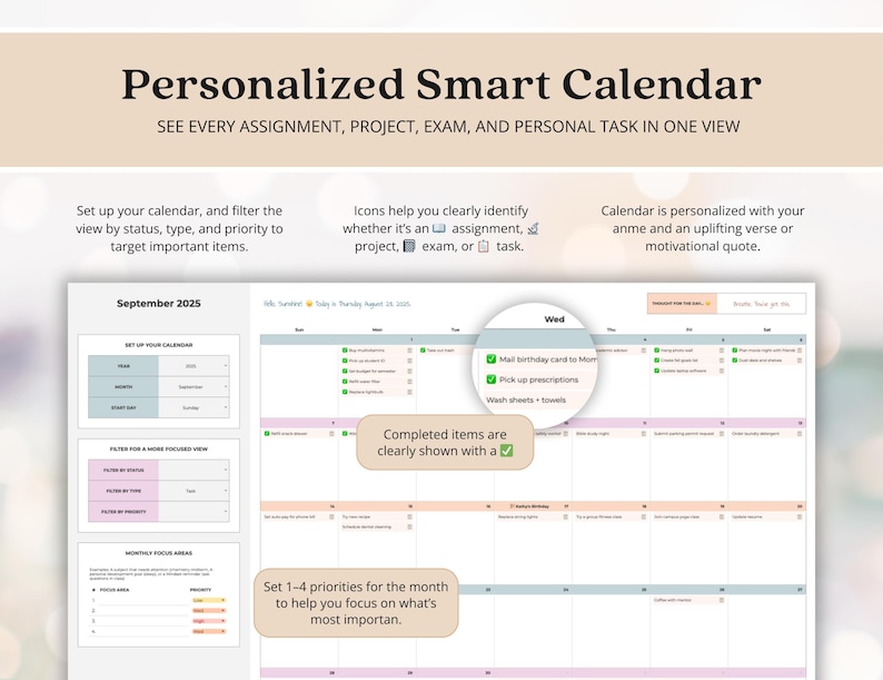 May include: A digital personalized smart calendar interface for September 2025. The layout includes a monthly grid, sidebar filters for status and priority, and callout boxes explaining features like task icons, completed items with checkmarks, and monthly focus areas.