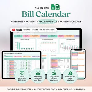 Könnte beinhalten: Eine All-in-One-Rechnungskalender-Vorlage für Google Sheets und Excel. Die Anzeige zeigt ein Dashboard mit Diagrammen, Einnahmen- und Zahlungsplänen sowie eine Nachverfolgung wiederkehrender Rechnungen. Inklusive YouTube-Anleitung.