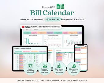 Monthly Bill Tracker Excel Income and Expense Tracker Google Sheets Bill Calendar Template Debt Tracker Subscription Tracker Bill Organizer