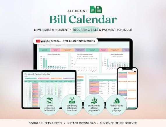 Monthly Bill Tracker Excel Income and Expense Tracker Google Sheets Bill Calendar Template Debt Tracker Subscription Tracker Bill Organizer