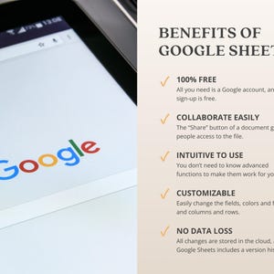 May include: A screenshot of a web browser showing the Google logo and the text "BENEFITS OF GOOGLE SHEETS". The text lists the benefits of using Google Sheets, including that it is free, easy to collaborate on, intuitive to use, customizable, and has no data loss.