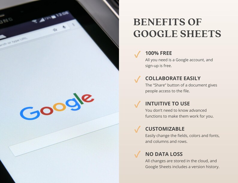 May include: A screenshot of a web browser showing the Google logo and the text "BENEFITS OF GOOGLE SHEETS". The text lists the benefits of using Google Sheets, including that it is free, easy to collaborate on, intuitive to use, customizable, and has no data loss.