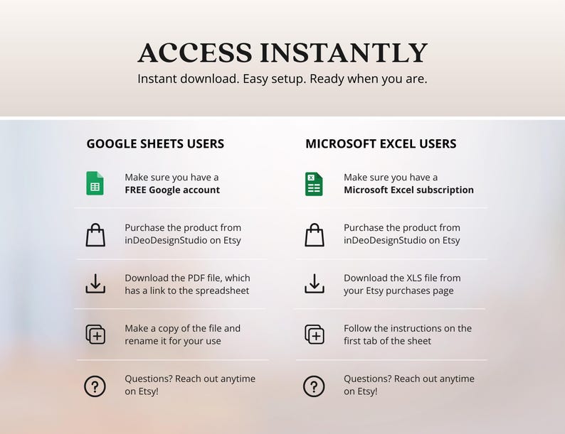 May include: A digital product download guide with instructions for Google Sheets and Microsoft Excel users. The text reads "ACCESS INSTANTLY" and details steps for setup, including Etsy purchase and file download. Instructions are provided for both Google Sheets and Microsoft Excel users.