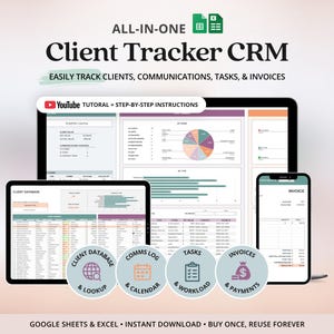 Plantilla CRM Google Sheets Rastreador de ventas para pequeñas empresas Hoja de cálculo Rastreador de facturas para autónomos Rastreador de tareas de clientes Plantilla Excel