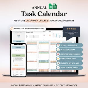 Planificador de tareas en Excel y Google Sheets para mamás ocupadas. Calendario imprimible para 2027. Lista de tareas. Rastreador de hábitos semanal. Planificador de objetivos anuales y mensuales.