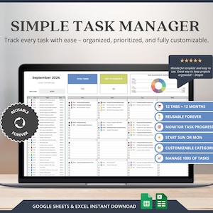 Puede incluir: Una computadora portátil muestra una plantilla de administrador de tareas para Google Sheets y Excel. La pantalla muestra un calendario de septiembre de 2024, con secciones de seguimiento de tareas. El texto incluye "Simple Task Manager" y "Reutilizable para siempre."
