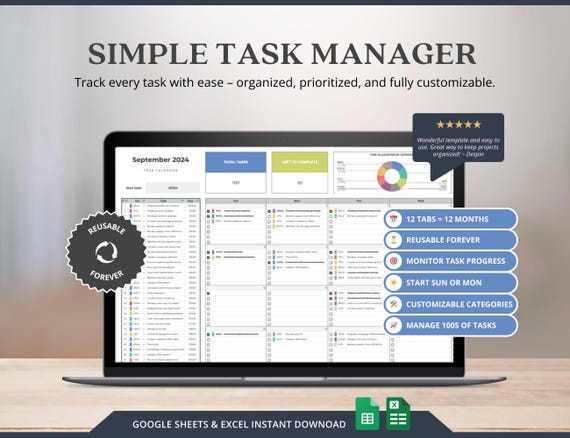 Digital Monthly Calendar Planner, Google Sheets Excel Calendar Template, Team Project Task Tracker, Excel Priority To Do List Template