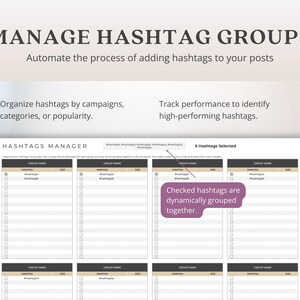 K&ouml;nnte beinhalten: Ein druckbares Arbeitsblatt zur Verwaltung von Hashtags. Das Arbeitsblatt ist in Abschnitte f&uuml;r verschiedene Hashtag-Gruppen unterteilt. Der Text "Gecheckte Hashtags werden dynamisch gruppiert." ist im Bild enthalten.