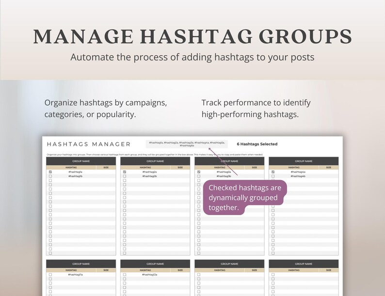 K&ouml;nnte beinhalten: Ein druckbares Arbeitsblatt zur Verwaltung von Hashtags. Das Arbeitsblatt ist in Abschnitte f&uuml;r verschiedene Hashtag-Gruppen unterteilt. Der Text "Gecheckte Hashtags werden dynamisch gruppiert." ist im Bild enthalten.