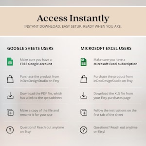 May include: An informational graphic titled Access Instantly with instructions for Google Sheets and Microsoft Excel users. It outlines steps including account requirements, purchasing from inDeoDesignStudio on Etsy, downloading files, and support.