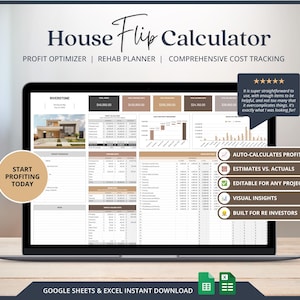 Calcolatore per la compravendita di case Modello di profitti e perdite Tracker degli investimenti Calcolatore per la ristrutturazione e la rivendita di immobili Foglio di calcolo per la compravendita di case