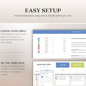 May include: A digital planner template with a clean, organized layout. The image shows a calendar view for September 2024, color-coded labels, and task management sections. The text reads "Easy Setup" and "Instant download."