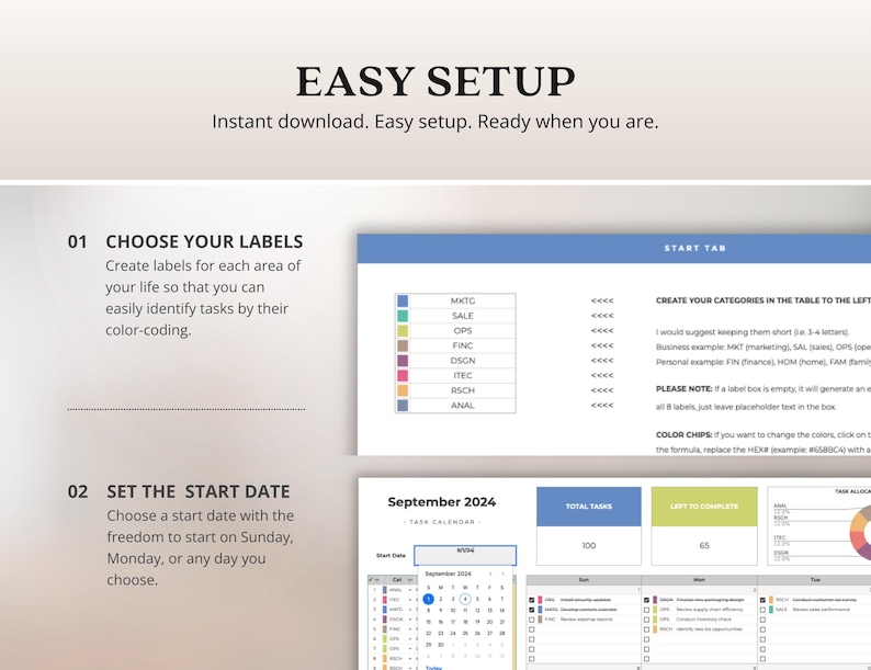 May include: A digital planner template with a clean, organized layout. The image shows a calendar view for September 2024, color-coded labels, and task management sections. The text reads "Easy Setup" and "Instant download."