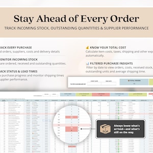 May include: A digital spreadsheet template for inventory management titled Stay Ahead of Every Order. It features sections to track purchases, monitor incoming stock, calculate costs, and filter insights. A detailed table displays incoming order data with a callout box stating Always know what's arrived&mdash;and what's still on the way.