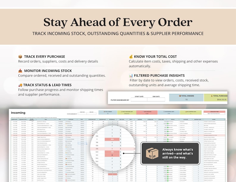 May include: A digital spreadsheet template for inventory management titled Stay Ahead of Every Order. It features sections to track purchases, monitor incoming stock, calculate costs, and filter insights. A detailed table displays incoming order data with a callout box stating Always know what's arrived&mdash;and what's still on the way.