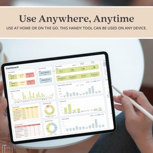 May include: A tablet displaying a digital dashboard with various charts, graphs, and data tables. The screen shows the text "Dashboard" and "Use Anywhere, Anytime. USE AT HOME OR ON THE GO. THIS HANDY TOOL CAN BE USED ON ANY DEVICE."