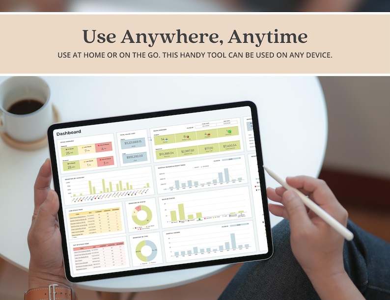 May include: A tablet displaying a digital dashboard with various charts, graphs, and data tables. The screen shows the text "Dashboard" and "Use Anywhere, Anytime. USE AT HOME OR ON THE GO. THIS HANDY TOOL CAN BE USED ON ANY DEVICE."