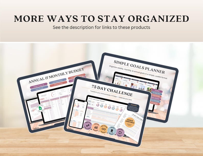 Może przedstawiać: Obraz przedstawiający trzy cyfrowe plannery: budżet roczny i miesięczny, prosty planer cel&oacute;w i 75-dniowe wyzwanie. Tekst "MORE WAYS TO STAY ORGANIZED" znajduje się na g&oacute;rze. Każdy planer jest wyświetlany na ekranie tabletu lub komputera.