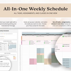 May include: A digital weekly schedule planner template featuring a calendar view, task lists, and focus areas. The interface includes text headers like All-In-One Weekly Schedule, Weekly Schedule, and Focus Area, with color-coded blocks for tasks.