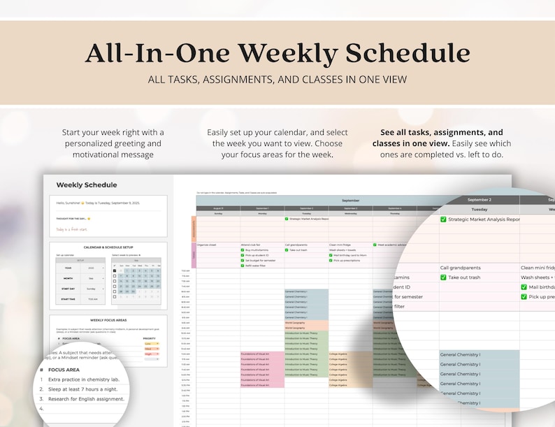 May include: A digital weekly schedule planner template featuring a calendar view, task lists, and focus areas. The interface includes text headers like All-In-One Weekly Schedule, Weekly Schedule, and Focus Area, with color-coded blocks for tasks.