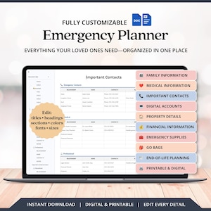 Può includere: Un modello di pianificatore di emergenza digitale visualizzato sullo schermo di un portatile, con sezioni per informazioni familiari, mediche e finanziarie. L'interfaccia include un elenco di categorie con icone e testo, oltre a note di modifica.