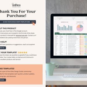 May include: A digital thank you card from inDeo Design Studio featuring text instructions for a Google Sheets template, a link button, and a section for free templates, displayed next to a computer monitor showing a data dashboard and a mug.