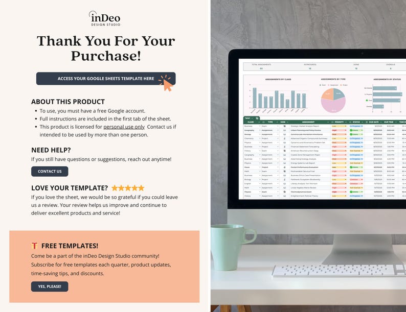 May include: A digital thank you card from inDeo Design Studio featuring text instructions for a Google Sheets template, a link button, and a section for free templates, displayed next to a computer monitor showing a data dashboard and a mug.