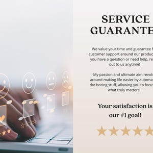 May include: Image with the text "SERVICE GUARANTEE" and a customer satisfaction rating. The text promises full customer support and emphasizes the goal of customer satisfaction. A hand is shown using a laptop.