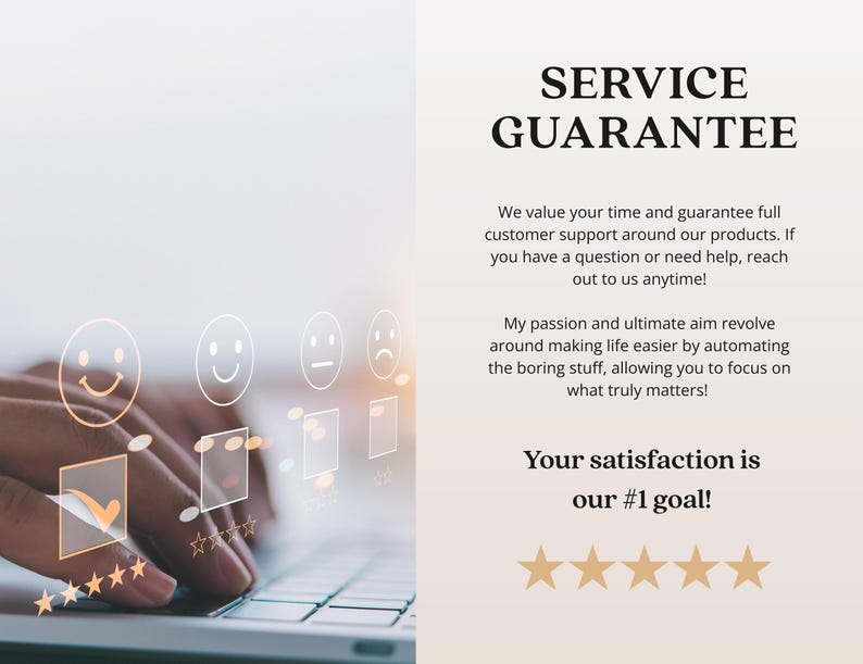 May include: Image with the text "SERVICE GUARANTEE" and a customer satisfaction rating. The text promises full customer support and emphasizes the goal of customer satisfaction. A hand is shown using a laptop.