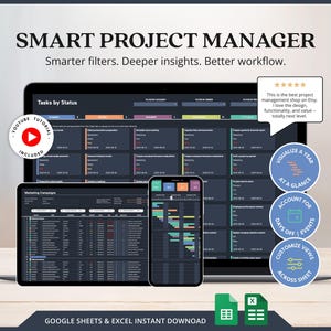 May include: A digital project management tool displayed on a laptop, tablet, and smartphone. The screens show data organized in a grid format. The image includes the text "SMART PROJECT MANAGER" and "GOOGLE SHEETS & EXCEL INSTANT DOWNLOAD."