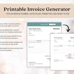 May include: A printable invoice generator with the text "Printable Invoice Generator" at the top. The image shows a sample invoice with fields for client, dates, and items. Features include auto-calculated totals and a professional layout.