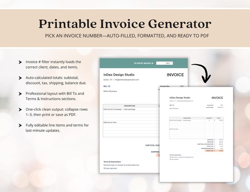 May include: A printable invoice generator with the text "Printable Invoice Generator" at the top. The image shows a sample invoice with fields for client, dates, and items. Features include auto-calculated totals and a professional layout.