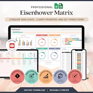 Matrice d'Eisenhower, Gestionnaire de tâches Excel, Google Sheets, Liste de tâches, Suivi des tâches Excel, Outils de gestion de projet et d'aide à la décision, Agenda quotidien pour TDAH