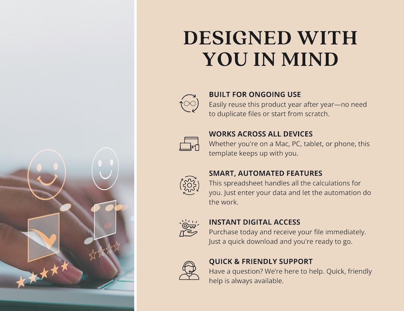 May include: A digital product information graphic with the heading DESIGNED WITH YOU IN MIND. It lists features including BUILT FOR ONGOING USE, WORKS ACROSS ALL DEVICES, SMART, AUTOMATED FEATURES, INSTANT DIGITAL ACCESS, and QUICK & FRIENDLY SUPPORT.