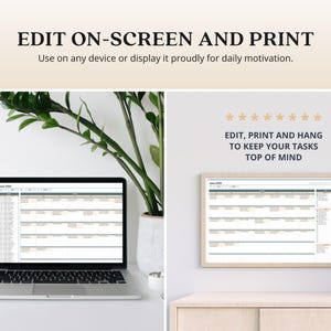 Może przedstawiać: Laptop wyświetlający układ kalendarza obok oprawionego wydruku kalendarza. Tekst brzmi "EDIT ON-SCREEN AND PRINT" i "EDIT, PRINT AND HANG TO KEEP YOUR TASKS TOP OF MIND". Widoczne są r&oacute;wnież nożyczki i roślina.