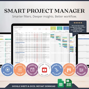 May include: Image of a project management dashboard displayed on three digital devices. The text reads "SMART PROJECT MANAGER" with features like "Organize Tasks" and "Visualize a Year." Includes Google Sheets & Excel instant download.