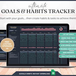 May include: Three laptops displaying a digital goals and habits tracker. The main screen shows a calendar layout with progress indicators. Text includes "Ultimate Goals & Habits Tracker" and "Start with your goals... then create habits & tasks to achieve them!"