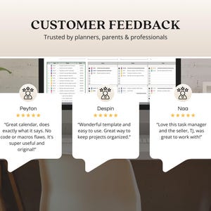 May include: Image featuring customer feedback with the headline "CUSTOMER FEEDBACK" and the tagline "Trusted by planners, parents & professionals." Three customer reviews are displayed in speech bubbles, each with a star rating and a short quote about the product.