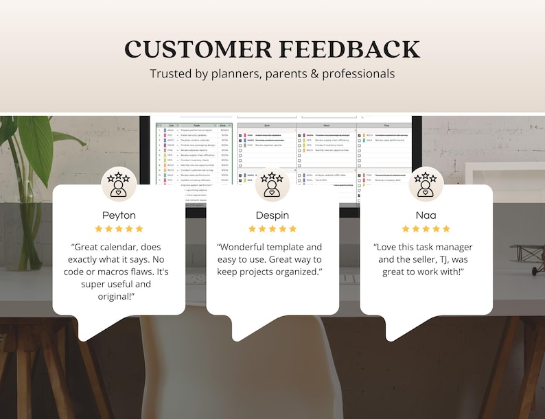 May include: Image featuring customer feedback with the headline "CUSTOMER FEEDBACK" and the tagline "Trusted by planners, parents & professionals." Three customer reviews are displayed in speech bubbles, each with a star rating and a short quote about the product.