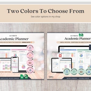 May include: Two digital academic planners for Google Sheets and Excel displayed on laptop and smartphone screens. The interface features dashboards, assignment trackers, weekly schedules, calendars, progress charts, and budget and meal trackers.