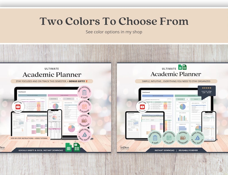 May include: Two digital academic planners for Google Sheets and Excel displayed on laptop and smartphone screens. The interface features dashboards, assignment trackers, weekly schedules, calendars, progress charts, and budget and meal trackers.