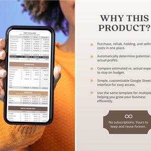 May include: A smartphone displaying a profit calculation spreadsheet is held by a person wearing an orange sweater. The screen shows financial data with headings like "Purchase Costs" and "Selling Price." Text on the right side explains the product's features.